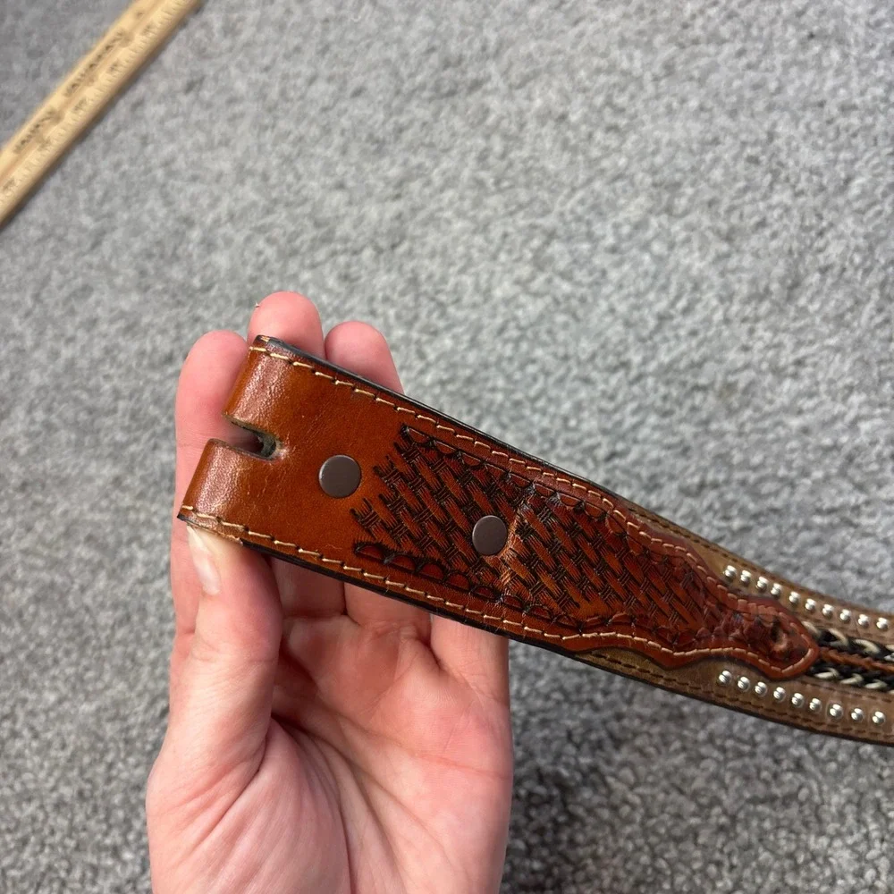 vtg Western Leather‎ Belt braided horsehair inlay cross Brown Conchos Studded 38